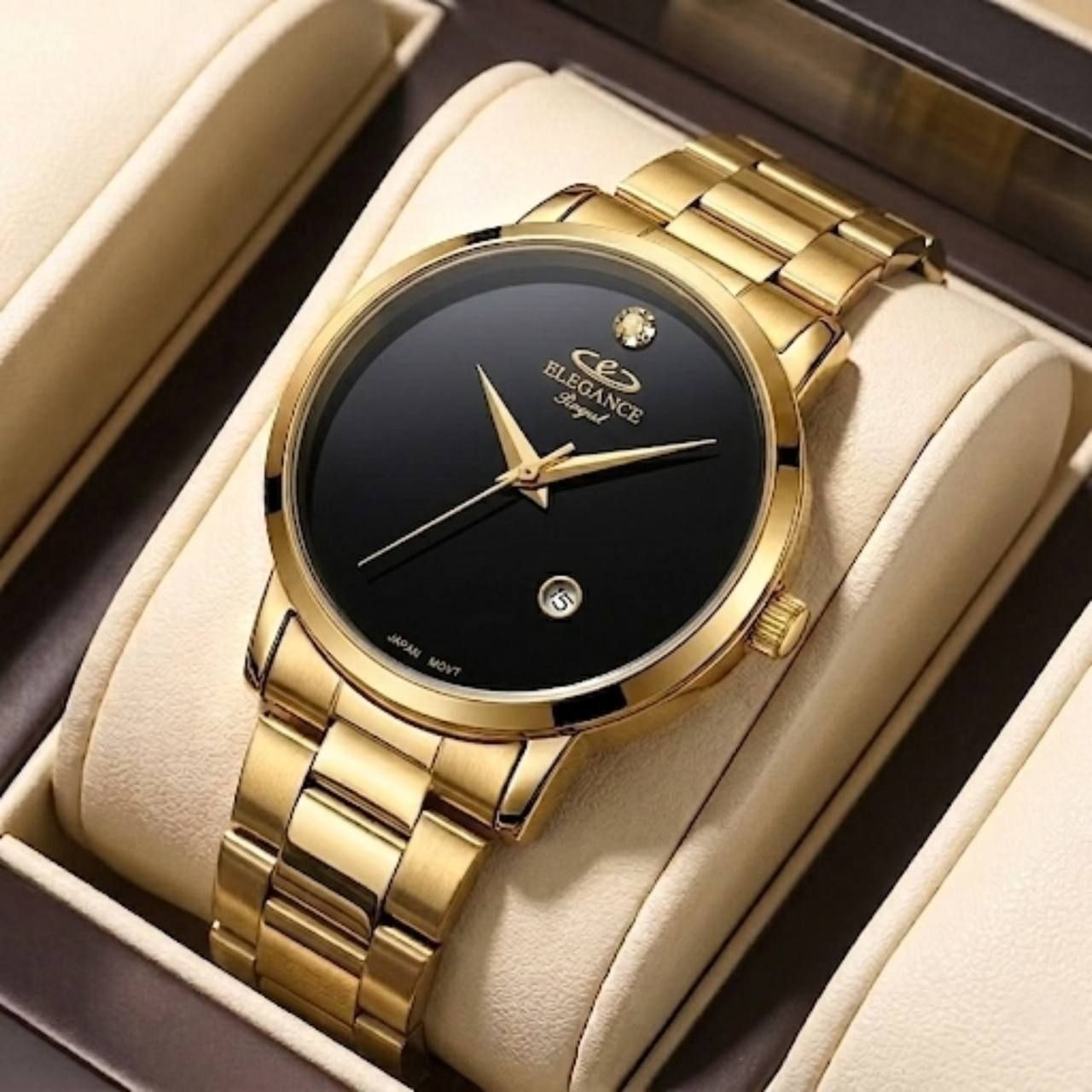 ☑️ELEGANCE  new collection ✨️   ⌚️ الگانس رایال    دارای روز شمار قفل کلیپسی بنداستیل  رنگ طلایی موتور کوارتز صفحه مشکی
