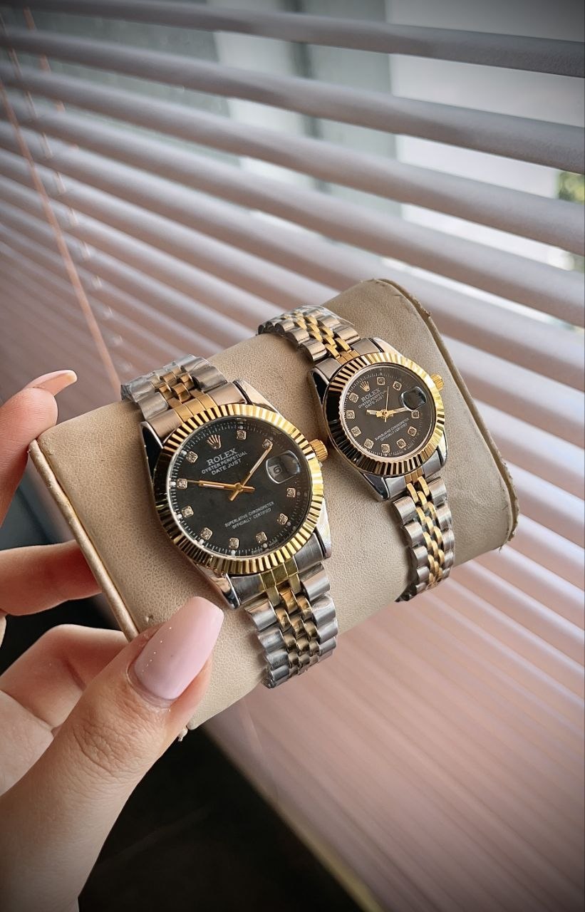 ROLEX    Couple watch ⌚️   ست ساعت زنونه مردونه   رولکس دیت جاس   دارای روز شمار  قفل کلیپسی صفحه نگینی  بند اجری تقویم تلسکوپی
