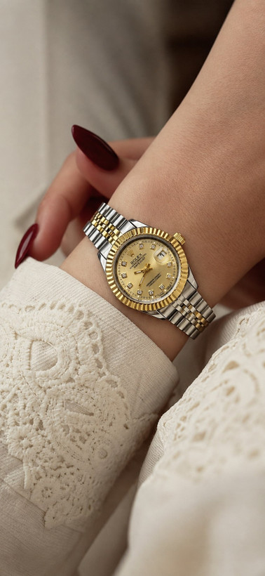☑️ROLEX ساعت رولکس دیت جاس زنونه دارای روز شمار قفل کلیپسی صفحه نگینی بند اجری تقویم تلسکوپی