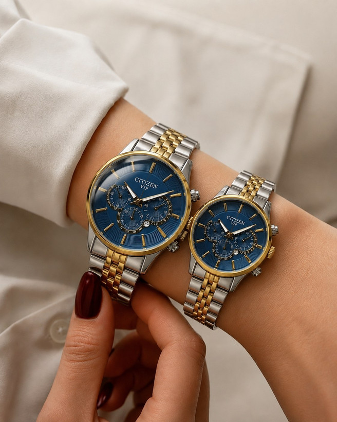 CITIZEN Couple collection سیتیزن زنونه مردونه بند استیل قفل کلیپسی بند دورنگ دارای روز شمار طرح کرنو
