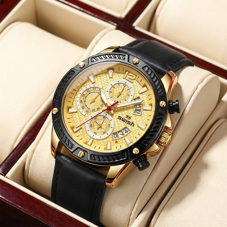 SWISH 《Cornograf》 ⌚️High quality👌 مردونه سویش سه موتور فعال سفارشی با کیفیت عالی👌 دارای روز شمار قفل کلیپسی کرنوگراف بند چرمی موتورکوارتز