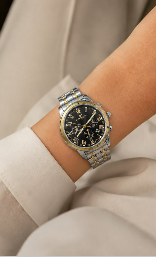 FNGEEN ⌚️فن جین زنونه شرکتی قفل کلیپسی موتور کوارتز مقاوم در برابر آب در حد شستن دست بند استیل ضدزنگ دارای روزشمار شیشه سافایرمعدنی