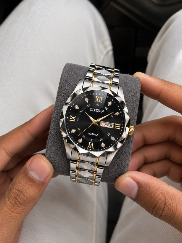 CITIZEN Man collection ⌚️سی تیزن الماس مدلی نو رفرانس4200GO دارای روز شمار و ایام هفته طرح الماس بند استیل مقاوم دربرابر آب قفل کلیپسی موتور کوارتز