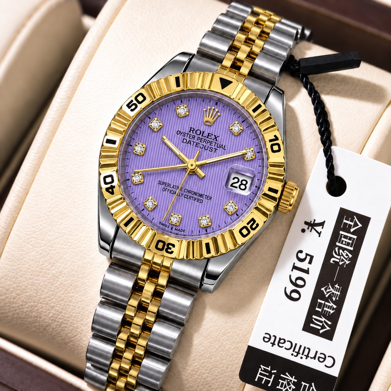 ROLEX   رولکس دیت جاس زنونه  دارای روز شمار  قفل کلیپسی صفحه نگینی  بند اجری تقویم تلسکوپی