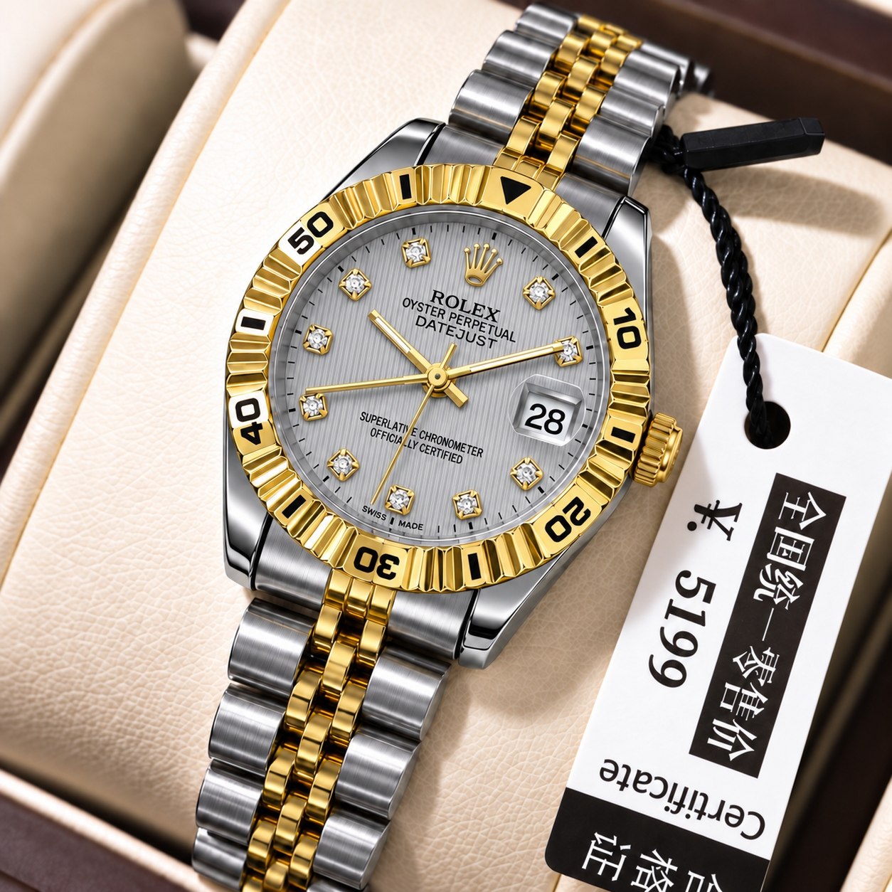 ROLEX   رولکس دیت جاس زنونه  دارای روز شمار  قفل کلیپسی صفحه نگینی  بند اجری تقویم تلسکوپی