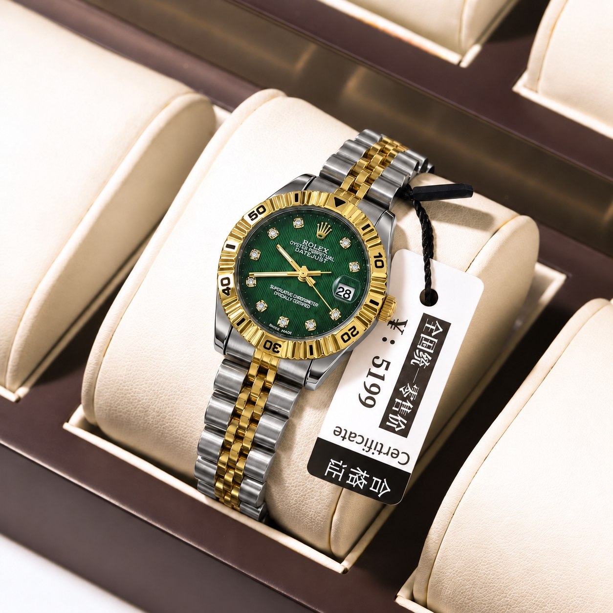ROLEX   رولکس دیت جاس زنونه  دارای روز شمار  قفل کلیپسی صفحه نگینی  بند اجری تقویم تلسکوپی