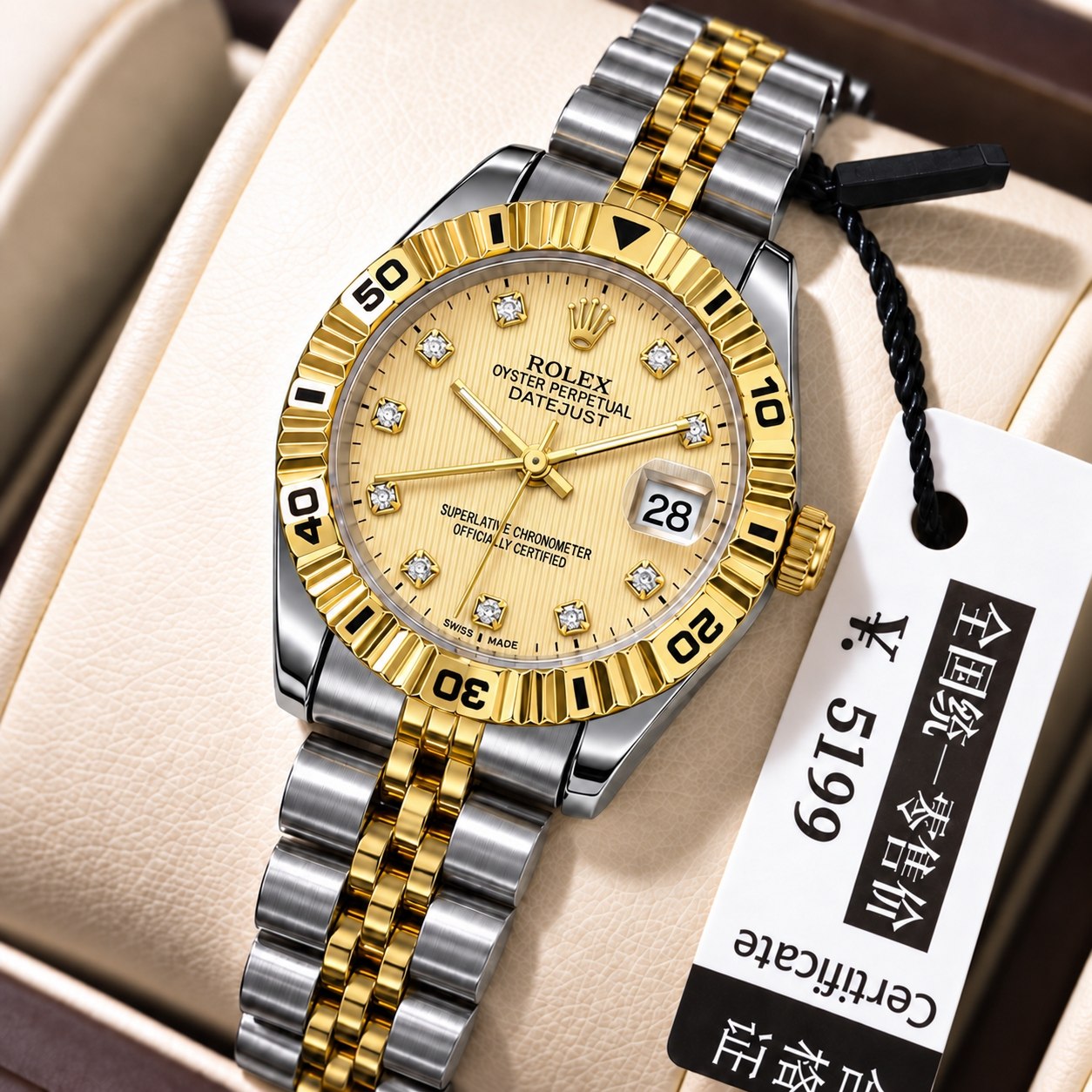 ROLEX   رولکس دیت جاس زنونه  دارای روز شمار  قفل کلیپسی صفحه نگینی  بند اجری تقویم تلسکوپی