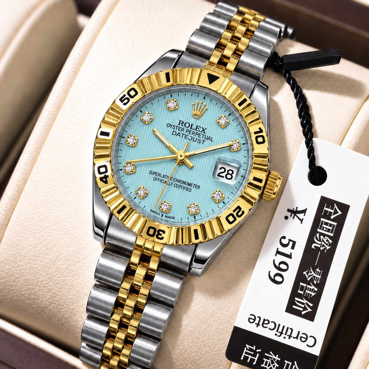 ROLEX   رولکس دیت جاس زنونه  دارای روز شمار  قفل کلیپسی صفحه نگینی  بند اجری تقویم تلسکوپی