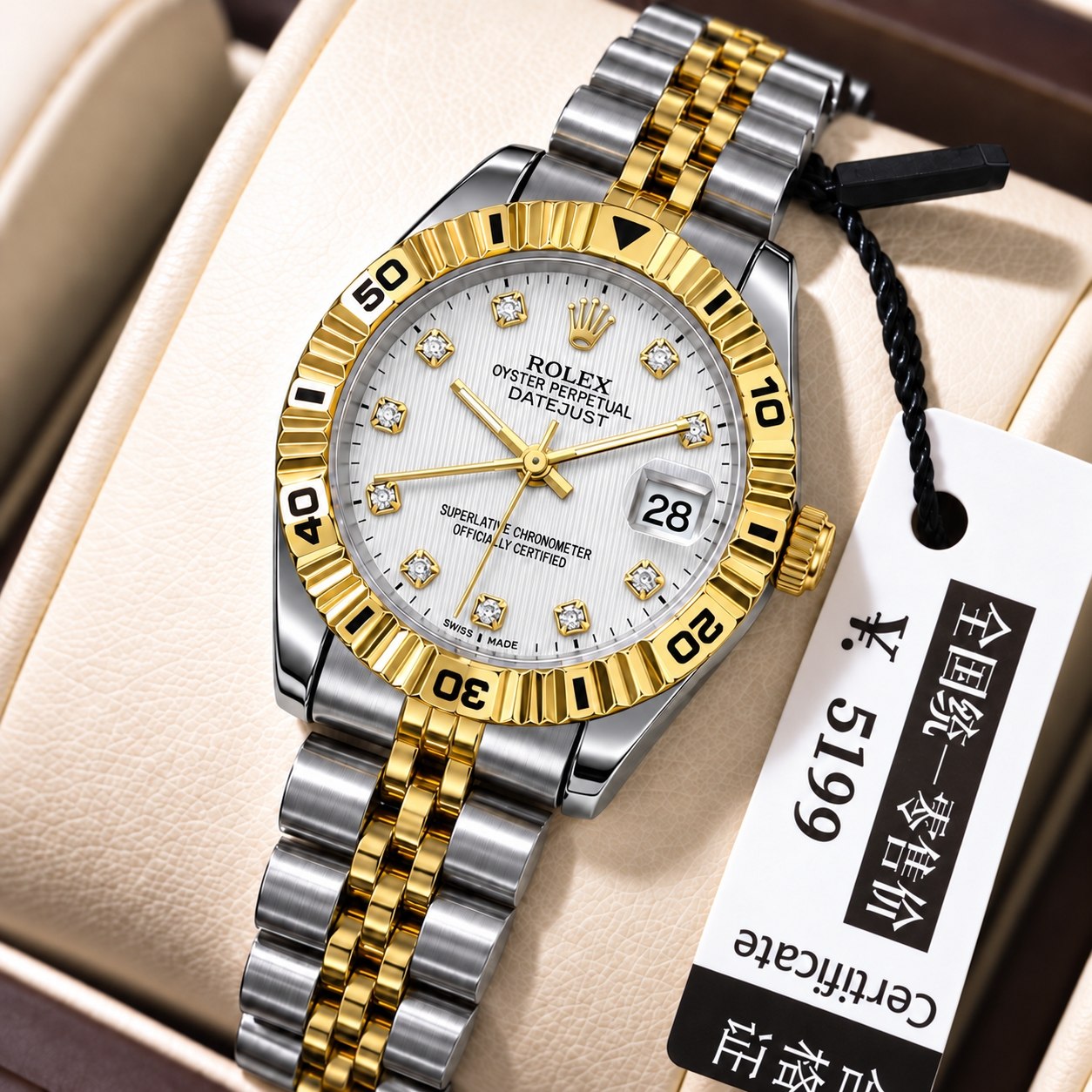 ROLEX   رولکس دیت جاس زنونه  دارای روز شمار  قفل کلیپسی صفحه نگینی  بند اجری تقویم تلسکوپی