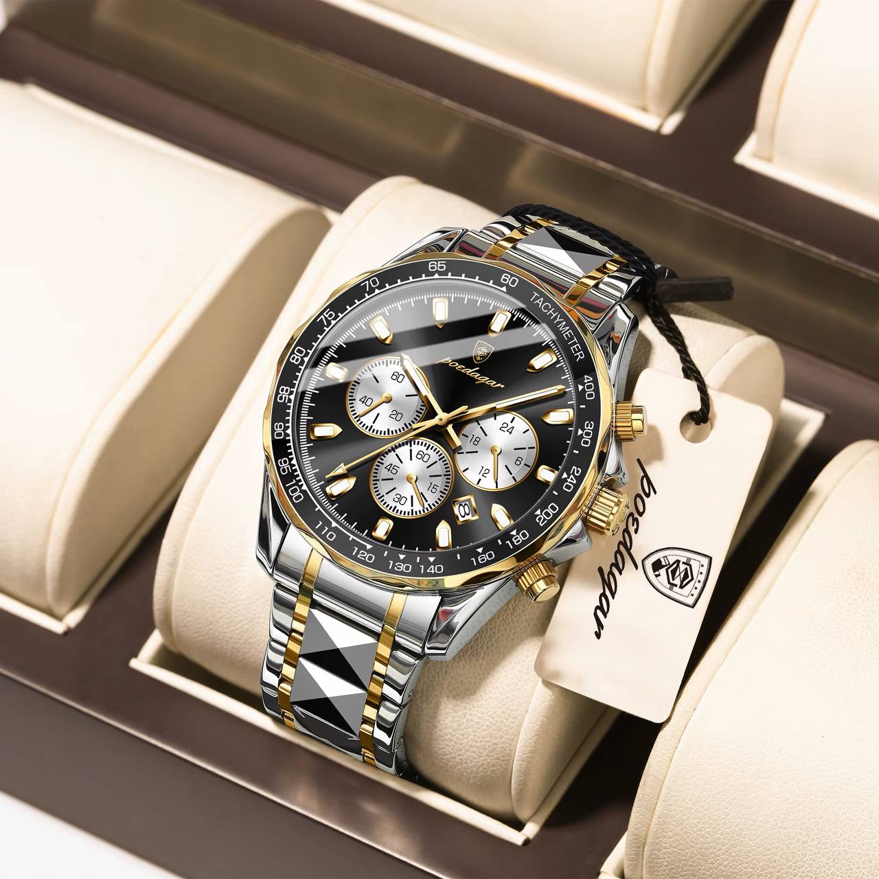 POEDAGAR   Original watch    《highe quality》                       🔥پوداگار مدلی نو  کرنوگراف  رفرانس 815B   دارای روز شمار   صفحه شب نما  برند شرکتی  طرح الماس بند استیل ضدآب تا عمق بالا رنگ ثابت  قفل پروانه ای  موتور کوارتز