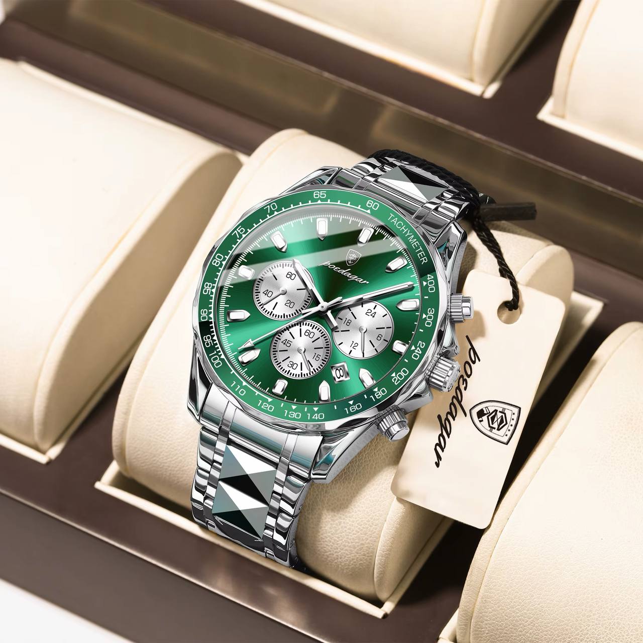 POEDAGAR   Original watch    《highe quality》                       🔥پوداگار مدلی نو  کرنوگراف  رفرانس 815B   دارای روز شمار   صفحه شب نما  برند شرکتی  طرح الماس بند استیل ضدآب تا عمق بالا رنگ ثابت  قفل پروانه ای  موتور کوارتز