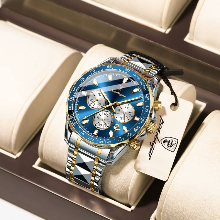 POEDAGAR Original watch 《highe quality》 🔥پوداگار مدلی نو کرنوگراف رفرانس 815B دارای روز شمار صفحه شب نما برند شرکتی طرح الماس بند استیل ضدآب تا عمق بالا رنگ ثابت قفل پروانه ای موتور کوارتز