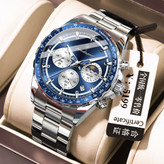 POEDAGAR Original watch 《highe quality》 🔥پوداگار مدلی نو کرنوگراف رفرانس 879B دارای روز شمار نمایش مون استار عقربه شب نما برند اورجینال شرکتی بند استیل ضدآب تا عمق بالا رنگ ثابت قفل دو پروانه موتور کوارتز