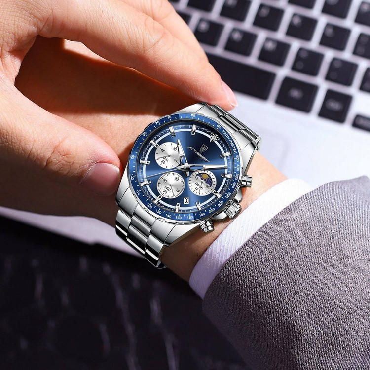POEDAGAR Original watch 《highe quality》 🔥پوداگار مدلی نو کرنوگراف رفرانس 879B دارای روز شمار نمایش مون استار عقربه شب نما برند اورجینال شرکتی بند استیل ضدآب تا عمق بالا رنگ ثابت قفل دو پروانه موتور کوارتز