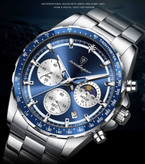 POEDAGAR Original watch 《highe quality》 🔥پوداگار مدلی نو کرنوگراف رفرانس 879B دارای روز شمار نمایش مون استار عقربه شب نما برند اورجینال شرکتی بند استیل ضدآب تا عمق بالا رنگ ثابت قفل دو پروانه موتور کوارتز