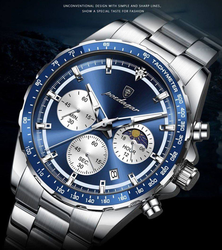 POEDAGAR Original watch 《highe quality》 🔥پوداگار مدلی نو کرنوگراف رفرانس 879B دارای روز شمار نمایش مون استار عقربه شب نما برند اورجینال شرکتی بند استیل ضدآب تا عمق بالا رنگ ثابت قفل دو پروانه موتور کوارتز
