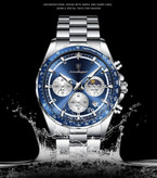 POEDAGAR Original watch 《highe quality》 🔥پوداگار مدلی نو کرنوگراف رفرانس 879B دارای روز شمار نمایش مون استار عقربه شب نما برند اورجینال شرکتی بند استیل ضدآب تا عمق بالا رنگ ثابت قفل دو پروانه موتور کوارتز