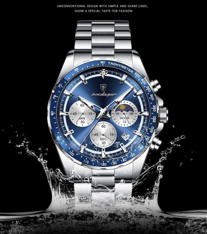 POEDAGAR Original watch 《highe quality》 🔥پوداگار مدلی نو کرنوگراف رفرانس 879B دارای روز شمار نمایش مون استار عقربه شب نما برند اورجینال شرکتی بند استیل ضدآب تا عمق بالا رنگ ثابت قفل دو پروانه موتور کوارتز