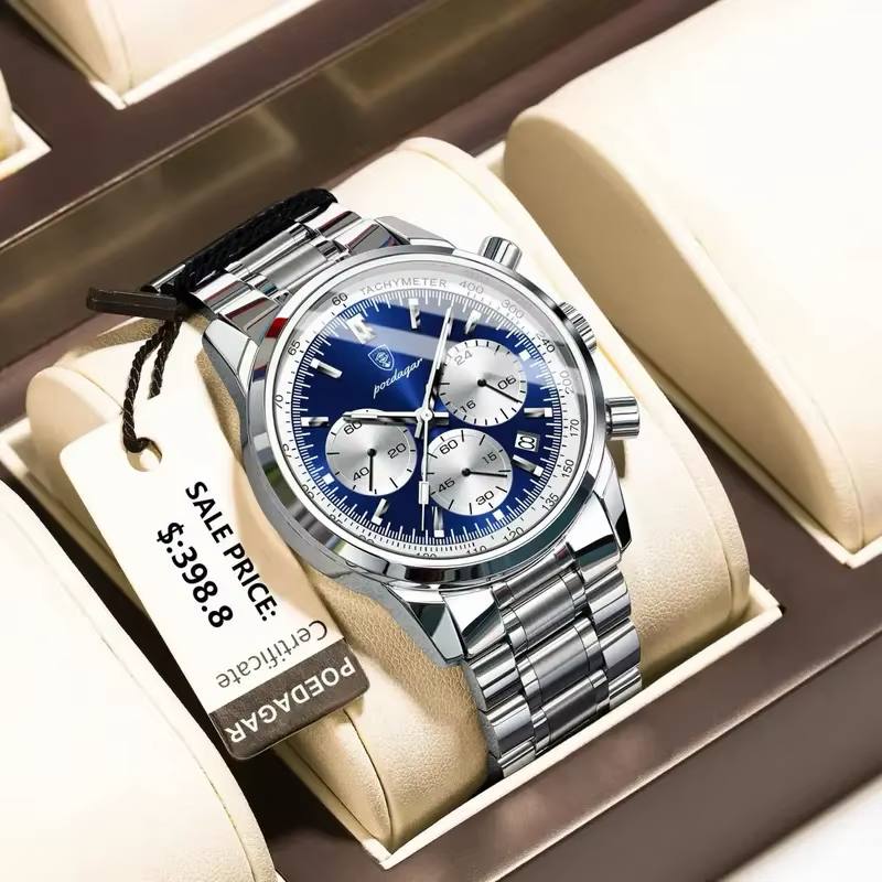 POEDAGAR  Original watch    《highe quality》                       🔥پوداگار مدلی نو  کرنوگراف  رفرانس 921B  دارای روز شمار نمایش مون استار    عقربه شب نما  برند اورجینال شرکتی  بند استیل ضدآب تا عمق بالا رنگ ثابت  قفل  دو پروانه  موتور کوارتز
