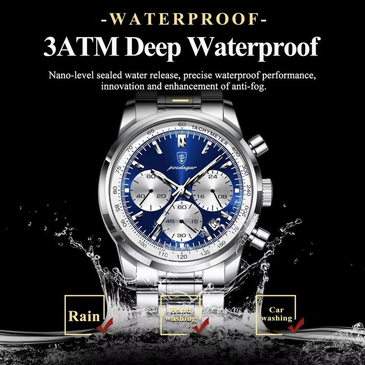 POEDAGAR Original watch 《highe quality》 🔥پوداگار مدلی نو کرنوگراف رفرانس 921B دارای روز شمار نمایش مون استار عقربه شب نما برند اورجینال شرکتی بند استیل ضدآب تا عمق بالا رنگ ثابت قفل دو پروانه موتور کوارتز
