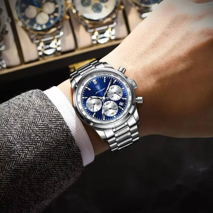 POEDAGAR Original watch 《highe quality》 🔥پوداگار مدلی نو کرنوگراف رفرانس 921B دارای روز شمار نمایش مون استار عقربه شب نما برند اورجینال شرکتی بند استیل ضدآب تا عمق بالا رنگ ثابت قفل دو پروانه موتور کوارتز
