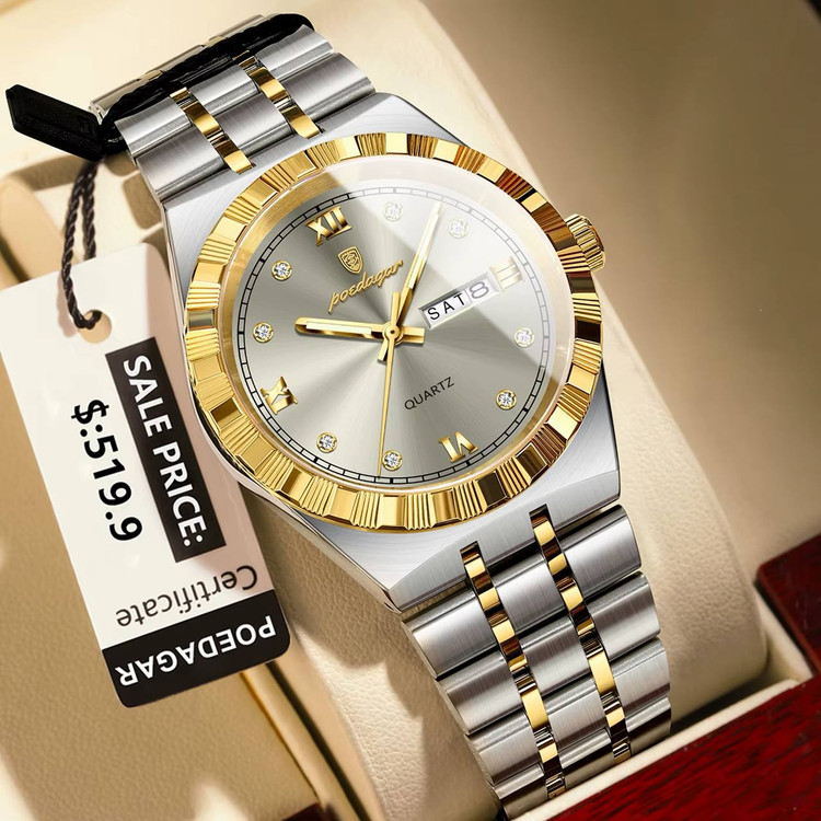 poedagar Original watch 《highe quality》 🔥پوداگار مقاوم دربرابر آب🏊♂💦 رفرانس 872B دارای روز شمار ایام هفته صفحه شب نما برند شرکتی بند استیل قطر صفحه ۴۲ میل ضدآب تا عمق بالا شیشه معدنی رنگ ثابت قفل سگک دوپروانه ای موتور کوارتز
