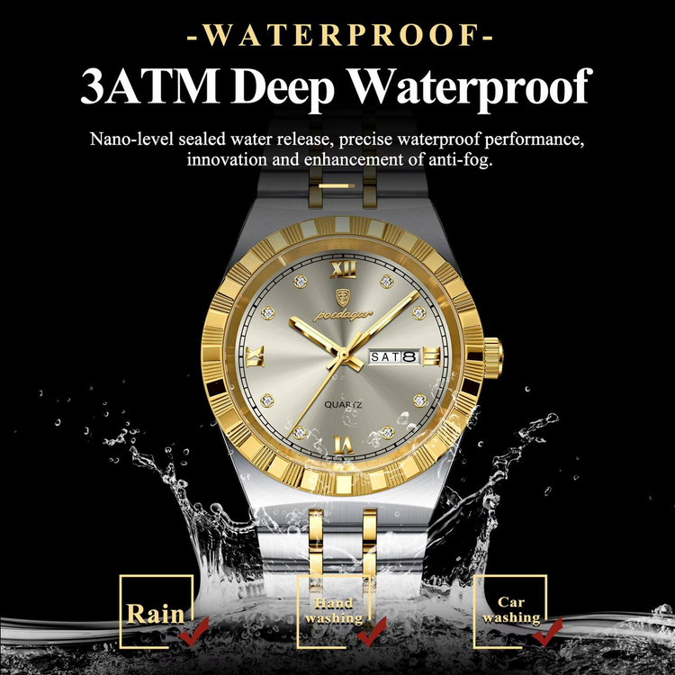 poedagar Original watch 《highe quality》 🔥پوداگار مقاوم دربرابر آب🏊♂💦 رفرانس 872B دارای روز شمار ایام هفته صفحه شب نما برند شرکتی بند استیل قطر صفحه ۴۲ میل ضدآب تا عمق بالا شیشه معدنی رنگ ثابت قفل سگک دوپروانه ای موتور کوارتز