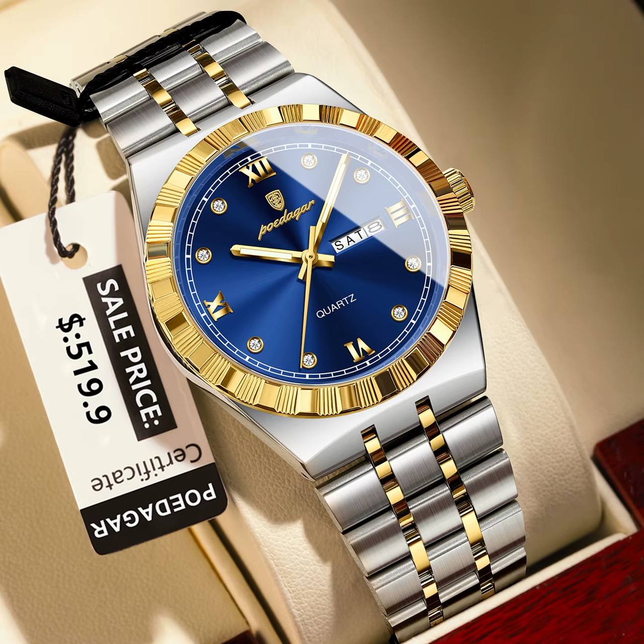 poedagar    Original watch    《highe quality》                        🔥پوداگار  مقاوم دربرابر آب🏊‍♂💦   رفرانس 872B     دارای روز شمار   ایام هفته  صفحه شب نما  برند شرکتی  بند استیل قطر صفحه ۴۲ میل ضدآب تا عمق بالا شیشه معدنی رنگ ثابت  قفل سگک دوپروانه ای  موتور کوارتز