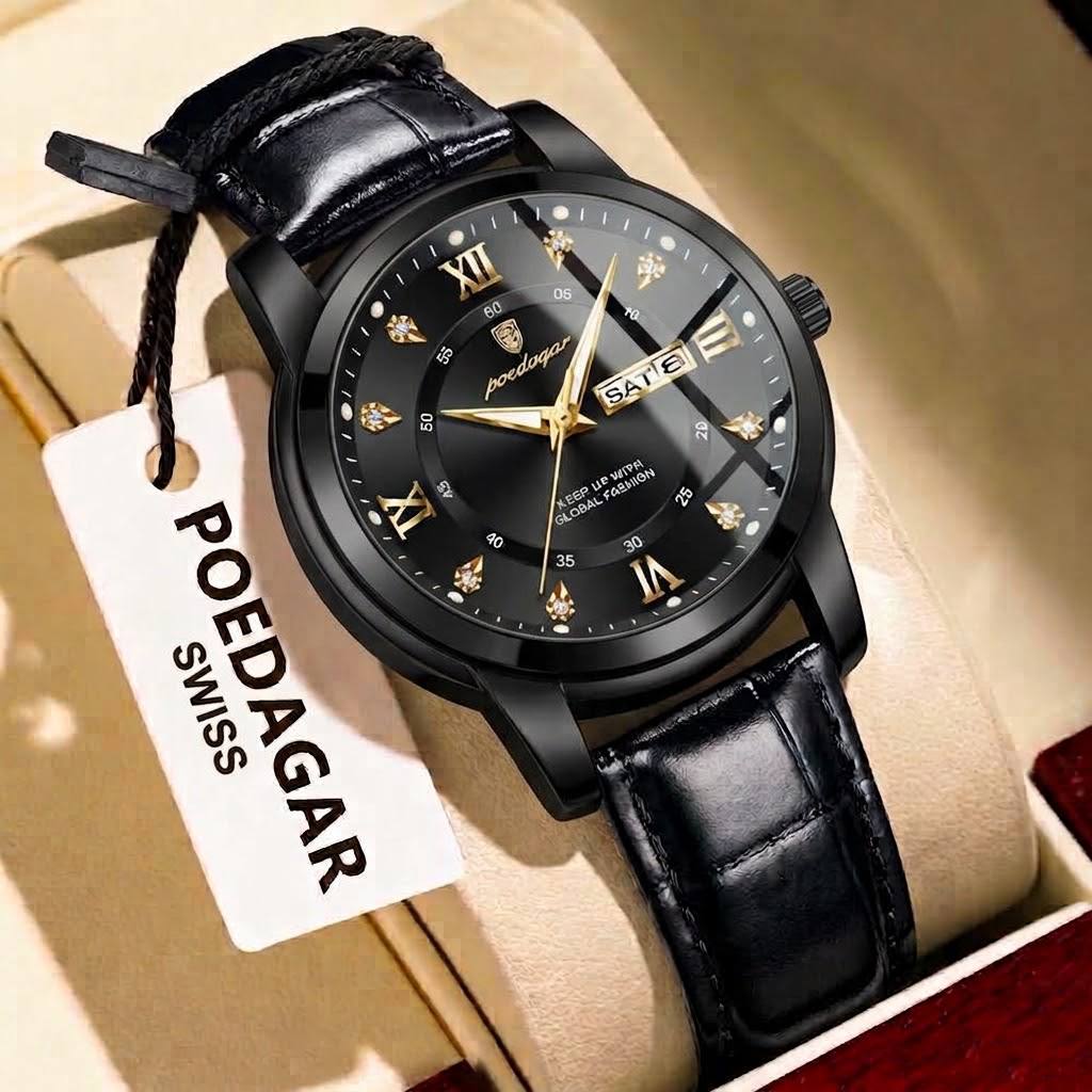 POEDAGAR    Original watch   《highe quality》                        پوداگار مدلی نو   مقاوم دربرابر آب🏊‍♂💦   رفرانس 936B  بندچرمی دارای روز شمار  ایام هفته  صفحه الماسی   شب نما قفل کمربندی  شیشه سافایر
