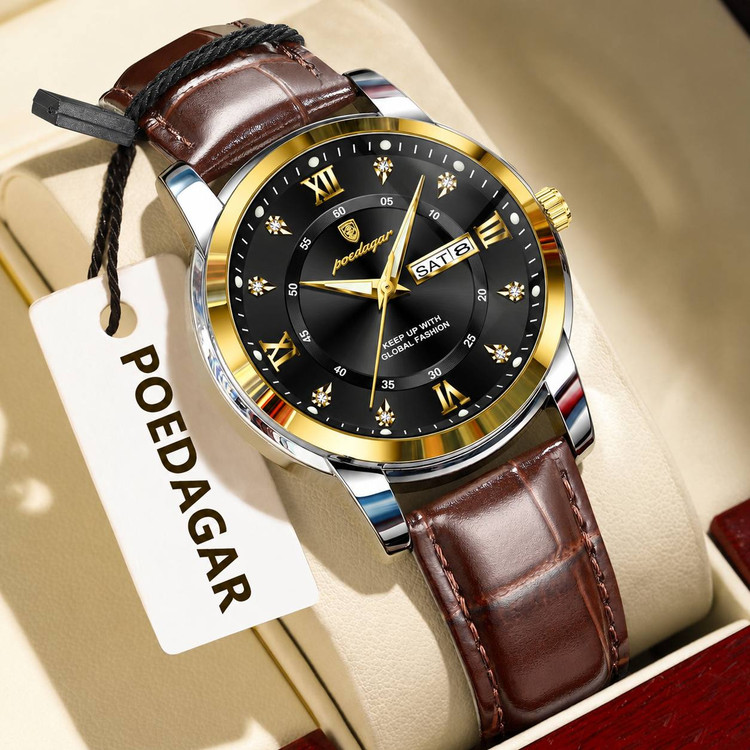 POEDAGAR Original watch 《highe quality》 پوداگار مدلی نو مقاوم دربرابر آب🏊♂💦 رفرانس 936B بندچرمی دارای روز شمار ایام هفته صفحه الماسی شب نما قفل کمربندی شیشه سافایر