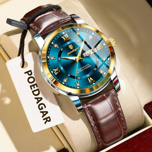 POEDAGAR Original watch 《highe quality》 پوداگار مدلی نو مقاوم دربرابر آب🏊♂💦 رفرانس 936B بندچرمی دارای روز شمار ایام هفته صفحه الماسی شب نما قفل کمربندی شیشه سافایر