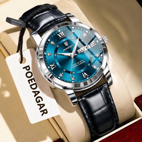 POEDAGAR Original watch 《highe quality》 پوداگار مدلی نو مقاوم دربرابر آب🏊♂💦 رفرانس 936B بندچرمی دارای روز شمار ایام هفته صفحه الماسی شب نما قفل کمربندی شیشه سافایر