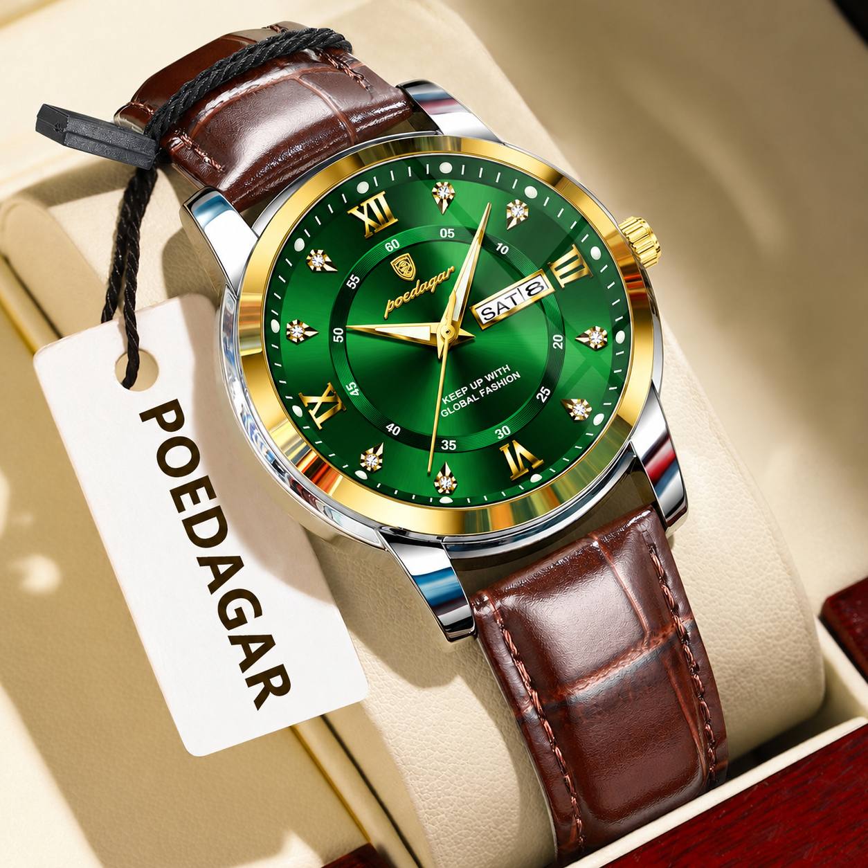 POEDAGAR    Original watch   《highe quality》                        پوداگار مدلی نو   مقاوم دربرابر آب🏊‍♂💦   رفرانس 936B  بندچرمی دارای روز شمار  ایام هفته  صفحه الماسی   شب نما قفل کمربندی  شیشه سافایر