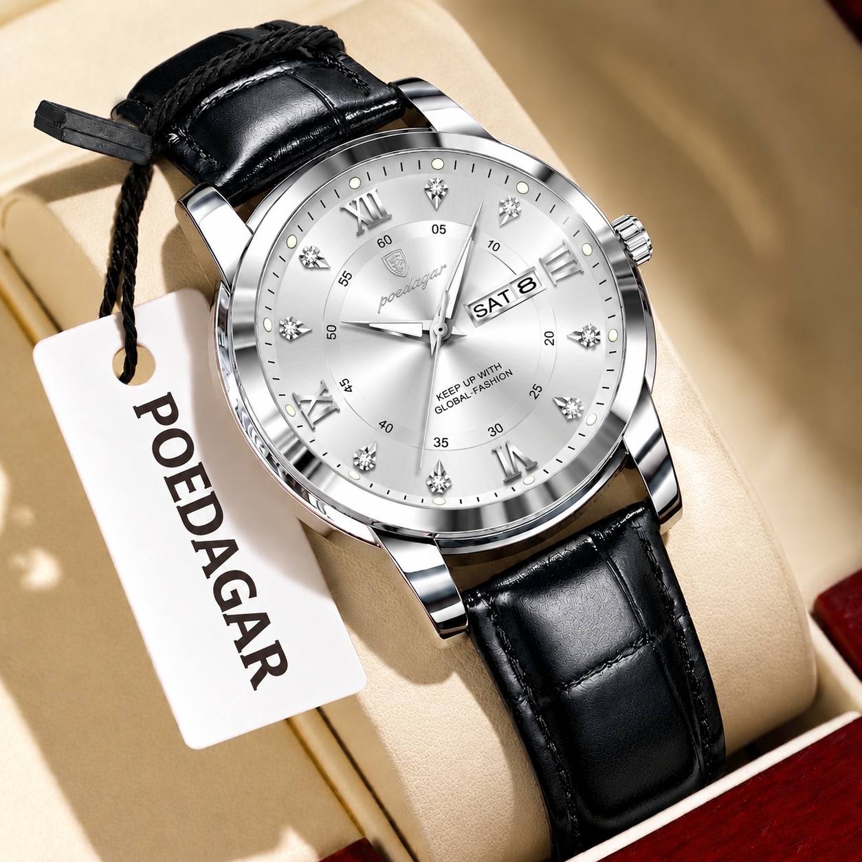 POEDAGAR    Original watch   《highe quality》                        پوداگار مدلی نو   مقاوم دربرابر آب🏊‍♂💦   رفرانس 936B  بندچرمی دارای روز شمار  ایام هفته  صفحه الماسی   شب نما قفل کمربندی  شیشه سافایر