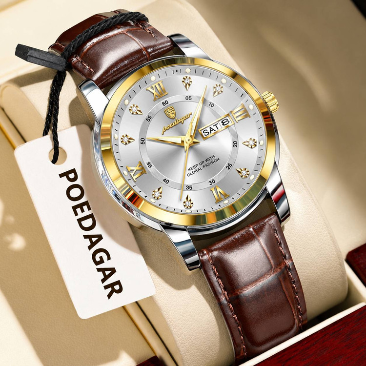 POEDAGAR Original watch 《highe quality》 پوداگار مدلی نو مقاوم دربرابر آب🏊♂💦 رفرانس 936B بندچرمی دارای روز شمار ایام هفته صفحه الماسی شب نما قفل کمربندی شیشه سافایر