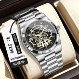 ☑️BIN BOND 《highe quality》 watch ⌚️بین باند مدلی نو مردونه پرطرفدار مقاوم دربرابر آب برندشرکتی سبک تجاری شب نما موتور نمایان بند استیل فولاد شیشه سافایر قفل دو پروانه موتور PE30 آرام گرد