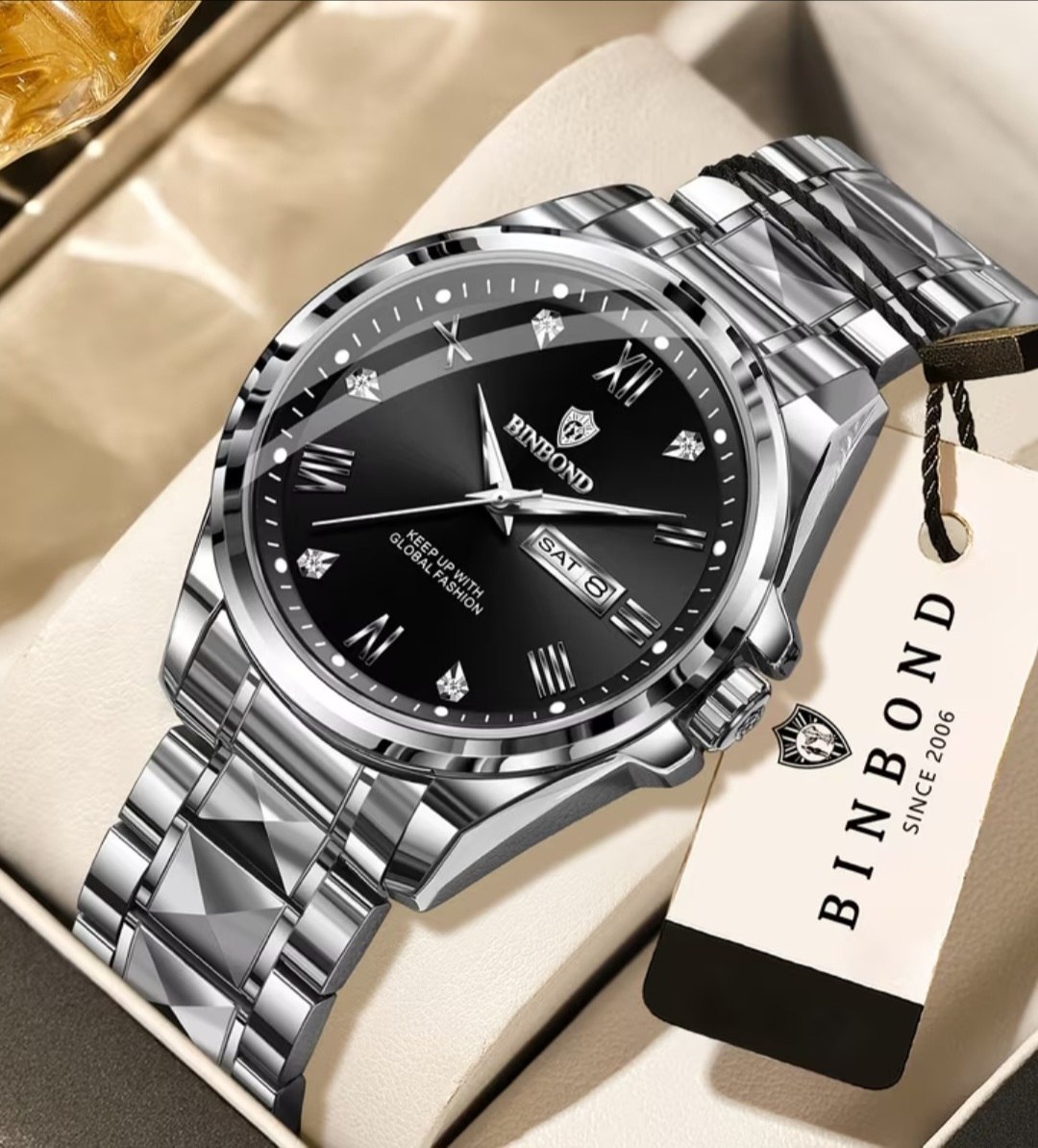 ☑️BIN BOND   New collection  😍   《highe quality》       🫆Original watch               ⌚️بین باند مدلی نو  ✨شارژجدید _در شش رنگ   مقاوم دربرابر آب برندشرکتی شب نما دارای روز شمار  ایام هفته  بند استیل فولاد قفل دو پروانه  موتور کوارتز