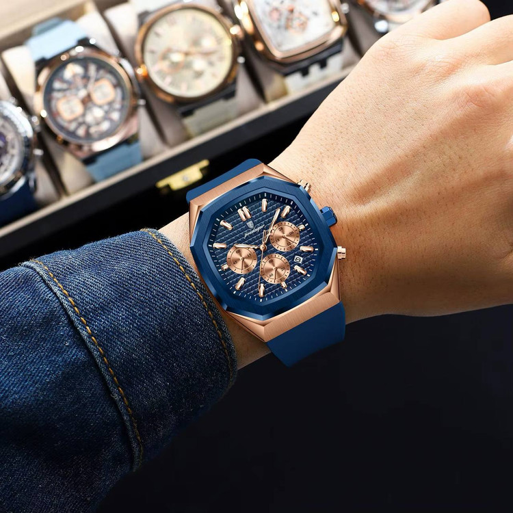 poedagar New collection ✨️ Original watch 《highe quality》 🔥پوداگار مقاوم دربرابر آب🏊♂💦 رفرانس P893 سه موتور فعال دارای روز شمار صفحه شب نما برند شرکتی بند رابر ضدآب شیشه معدنی رنگ ثابت قفل کمربندی موتور کوارتز
