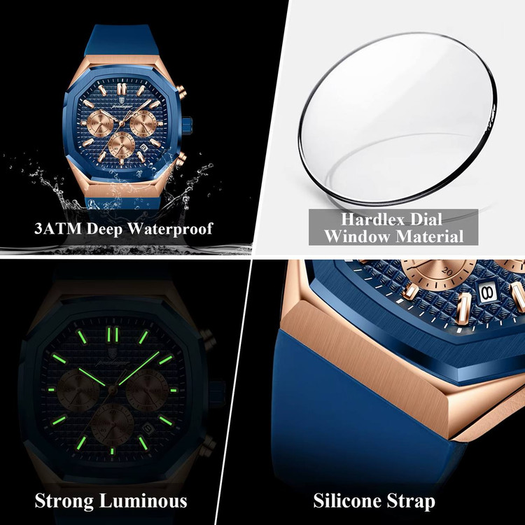 poedagar New collection ✨️ Original watch 《highe quality》 🔥پوداگار مقاوم دربرابر آب🏊♂💦 رفرانس P893 سه موتور فعال دارای روز شمار صفحه شب نما برند شرکتی بند رابر ضدآب شیشه معدنی رنگ ثابت قفل کمربندی موتور کوارتز