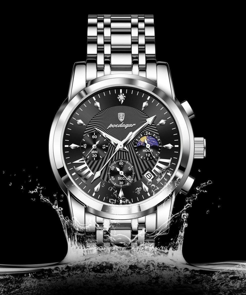 🔘 POEDAGAR 2026  Original watch    《highe quality》                       🔥پوداگار مدلی نو  کرنوگراف  رفرانس 813B   دارای روز شمار نمایش مون استار    عقربه شب نما  برند اورجینال شرکتی  بند استیل ضدآب تا عمق بالا رنگ ثابت  قفل  دو پروانه  موتور کوارتز