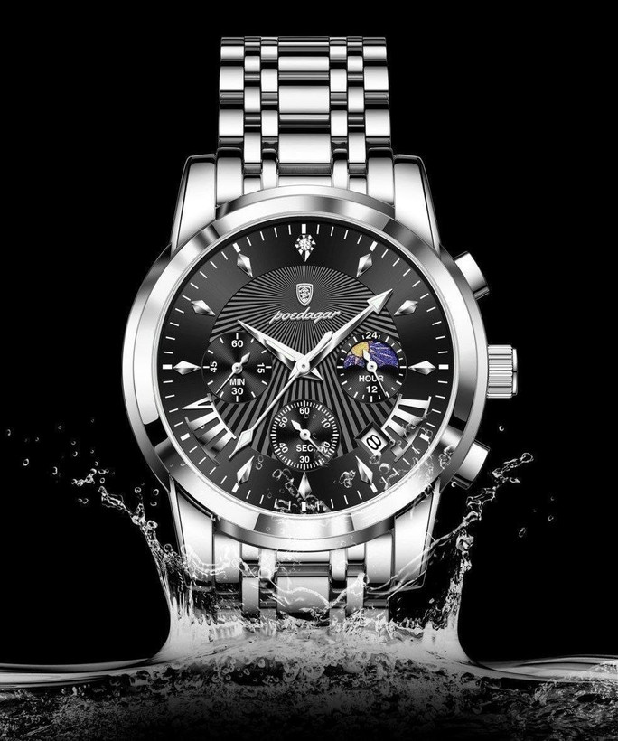 🔘 POEDAGAR 2026 Original watch 《highe quality》 🔥پوداگار مدلی نو کرنوگراف رفرانس 813B دارای روز شمار نمایش مون استار عقربه شب نما برند اورجینال شرکتی بند استیل ضدآب تا عمق بالا رنگ ثابت قفل دو پروانه موتور کوارتز