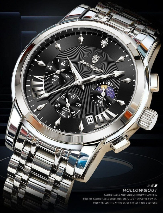 🔘 POEDAGAR 2026 Original watch 《highe quality》 🔥پوداگار مدلی نو کرنوگراف رفرانس 813B دارای روز شمار نمایش مون استار عقربه شب نما برند اورجینال شرکتی بند استیل ضدآب تا عمق بالا رنگ ثابت قفل دو پروانه موتور کوارتز