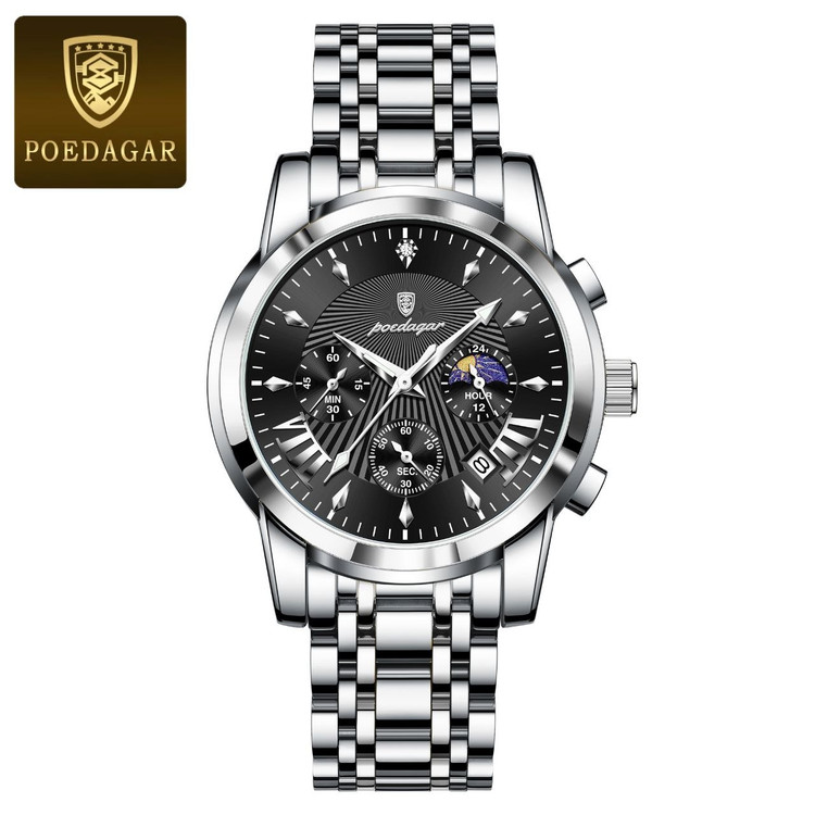 🔘 POEDAGAR 2026 Original watch 《highe quality》 🔥پوداگار مدلی نو کرنوگراف رفرانس 813B دارای روز شمار نمایش مون استار عقربه شب نما برند اورجینال شرکتی بند استیل ضدآب تا عمق بالا رنگ ثابت قفل دو پروانه موتور کوارتز