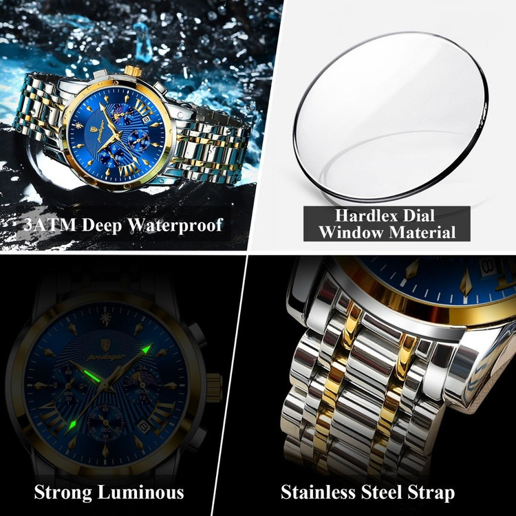 🔘 POEDAGAR 2026 Original watch 《highe quality》 🔥پوداگار مدلی نو کرنوگراف رفرانس 813B دارای روز شمار نمایش مون استار عقربه شب نما برند اورجینال شرکتی بند استیل ضدآب تا عمق بالا رنگ ثابت قفل دو پروانه موتور کوارتز