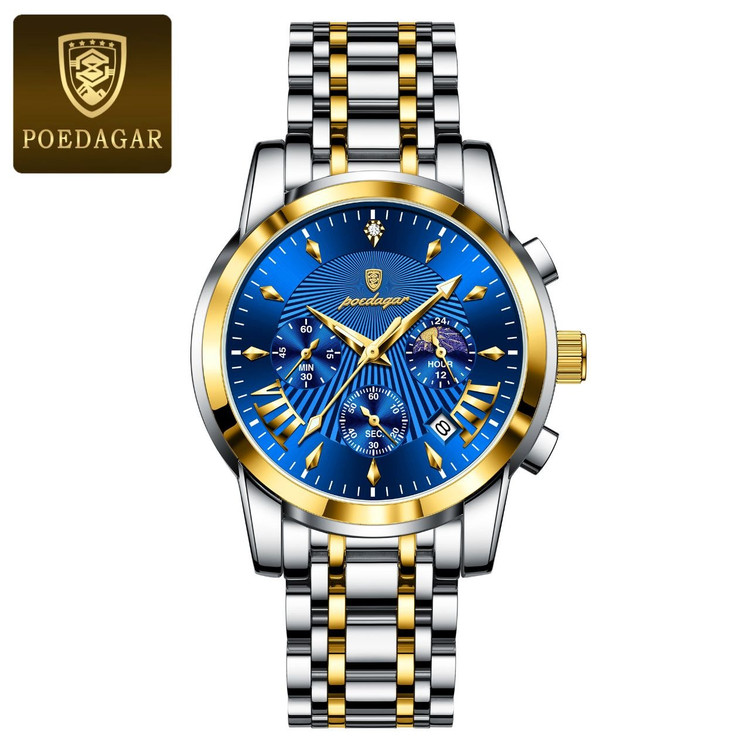 🔘 POEDAGAR 2026 Original watch 《highe quality》 🔥پوداگار مدلی نو کرنوگراف رفرانس 813B دارای روز شمار نمایش مون استار عقربه شب نما برند اورجینال شرکتی بند استیل ضدآب تا عمق بالا رنگ ثابت قفل دو پروانه موتور کوارتز