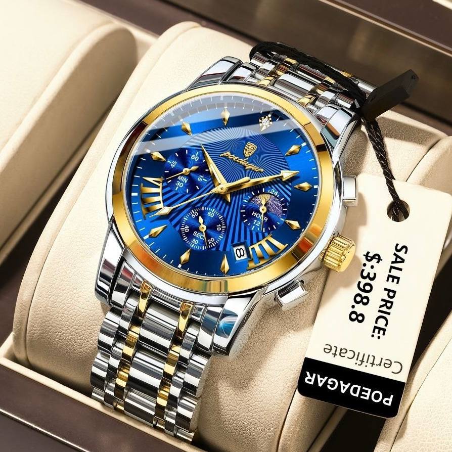 🔘 POEDAGAR 2026  Original watch    《highe quality》                       🔥پوداگار مدلی نو  کرنوگراف  رفرانس 813B   دارای روز شمار نمایش مون استار    عقربه شب نما  برند اورجینال شرکتی  بند استیل ضدآب تا عمق بالا رنگ ثابت  قفل  دو پروانه  موتور کوارتز