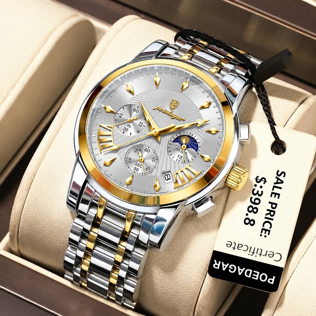 🔘 POEDAGAR 2026  Original watch    《highe quality》                       🔥پوداگار مدلی نو  کرنوگراف  رفرانس 813B   دارای روز شمار نمایش مون استار    عقربه شب نما  برند اورجینال شرکتی  بند استیل ضدآب تا عمق بالا رنگ ثابت  قفل  دو پروانه  موتور کوارتز