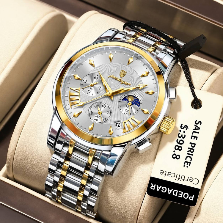 🔘 POEDAGAR 2026 Original watch 《highe quality》 🔥پوداگار مدلی نو کرنوگراف رفرانس 813B دارای روز شمار نمایش مون استار عقربه شب نما برند اورجینال شرکتی بند استیل ضدآب تا عمق بالا رنگ ثابت قفل دو پروانه موتور کوارتز
