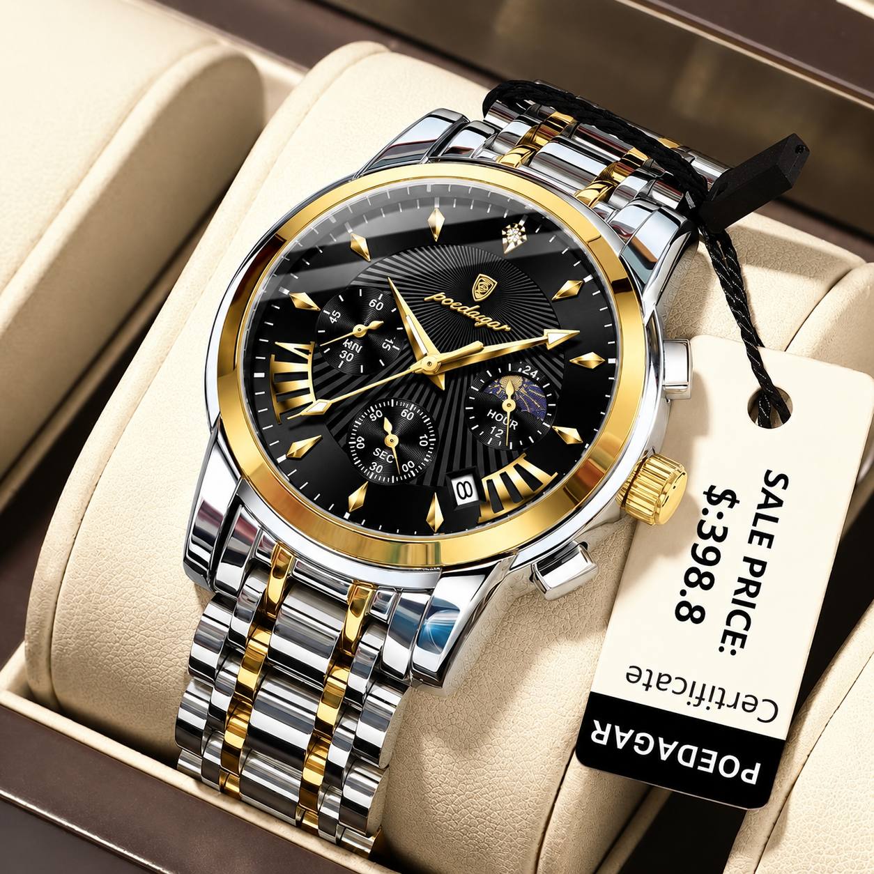 🔘 POEDAGAR 2026  Original watch    《highe quality》                       🔥پوداگار مدلی نو  کرنوگراف  رفرانس 813B   دارای روز شمار نمایش مون استار    عقربه شب نما  برند اورجینال شرکتی  بند استیل ضدآب تا عمق بالا رنگ ثابت  قفل  دو پروانه  موتور کوارتز