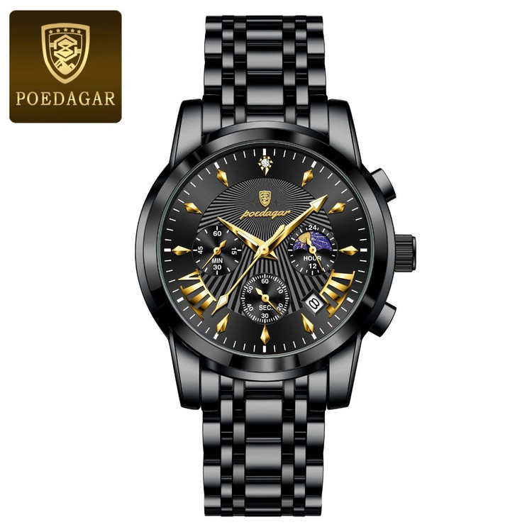 🔘 POEDAGAR 2026 Original watch 《highe quality》 🔥پوداگار مدلی نو کرنوگراف رفرانس 813B دارای روز شمار نمایش مون استار عقربه شب نما برند اورجینال شرکتی بند استیل ضدآب تا عمق بالا رنگ ثابت قفل دو پروانه موتور کوارتز